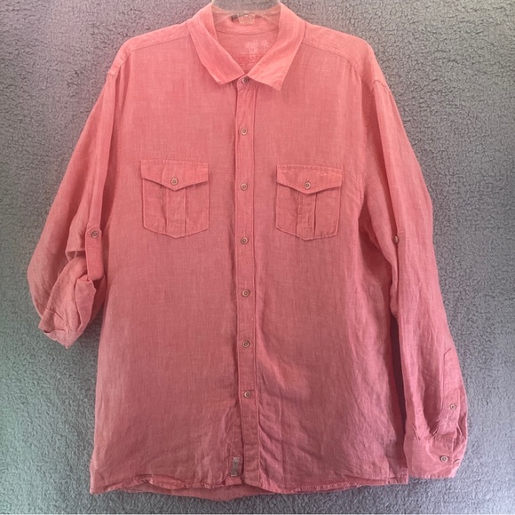Islander 100% Linen Men's Long Sleeve Button Up Shirt Size Large Peach Orange - Picture 9 of 10